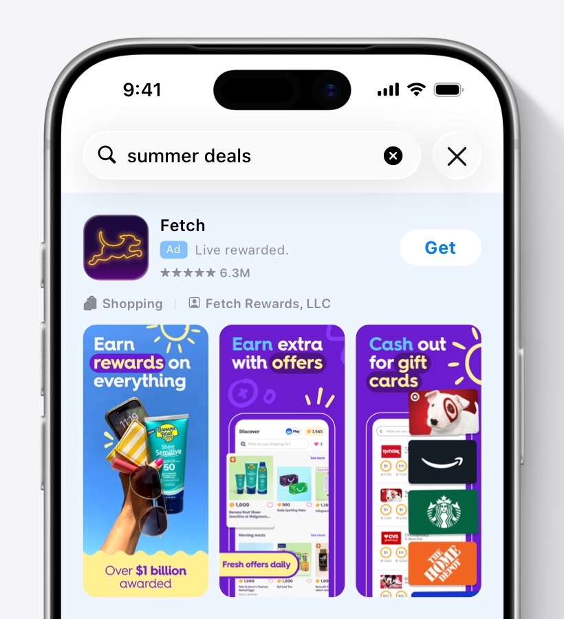 A search results ad variation for Fetch featuring summer deals and related benefits.