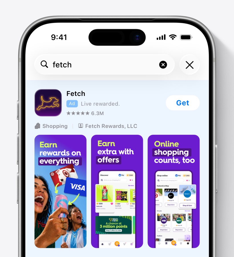 A search results ad variation for Fetch featuring sports-focused assets.