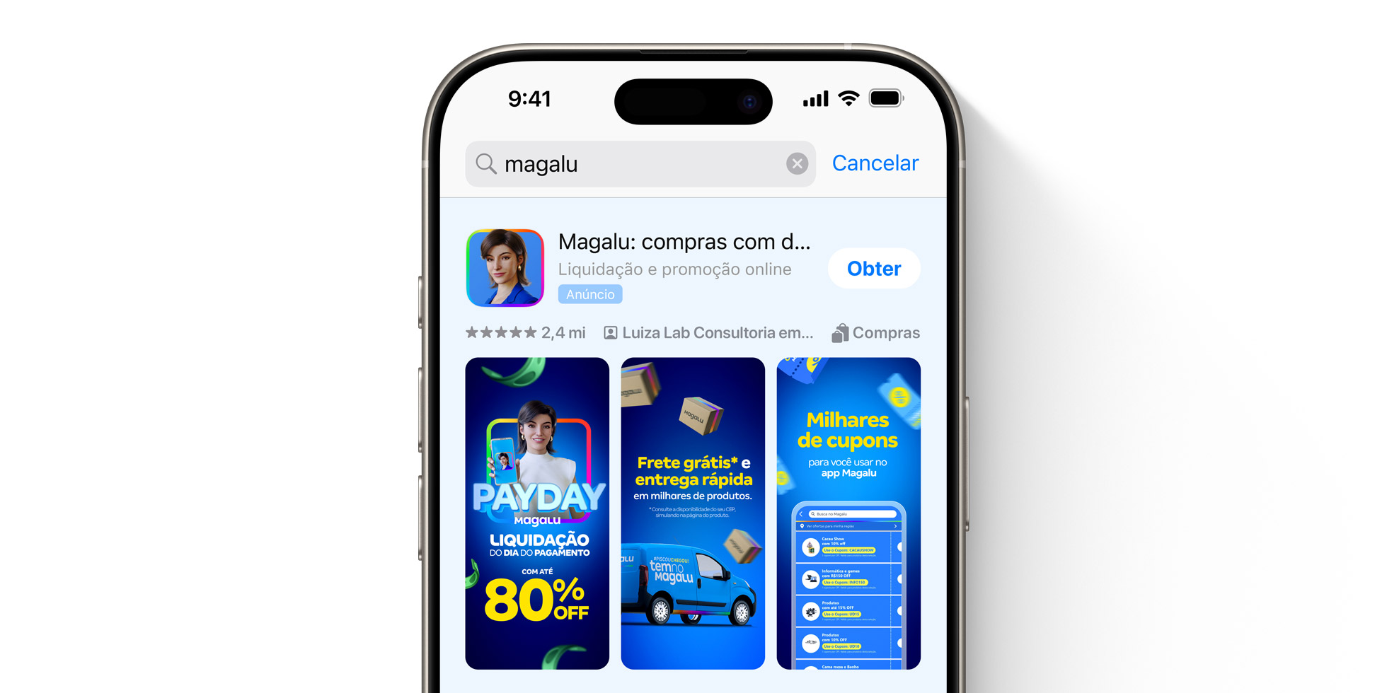 Anúncio da Magalu: compras com descontos na App Store