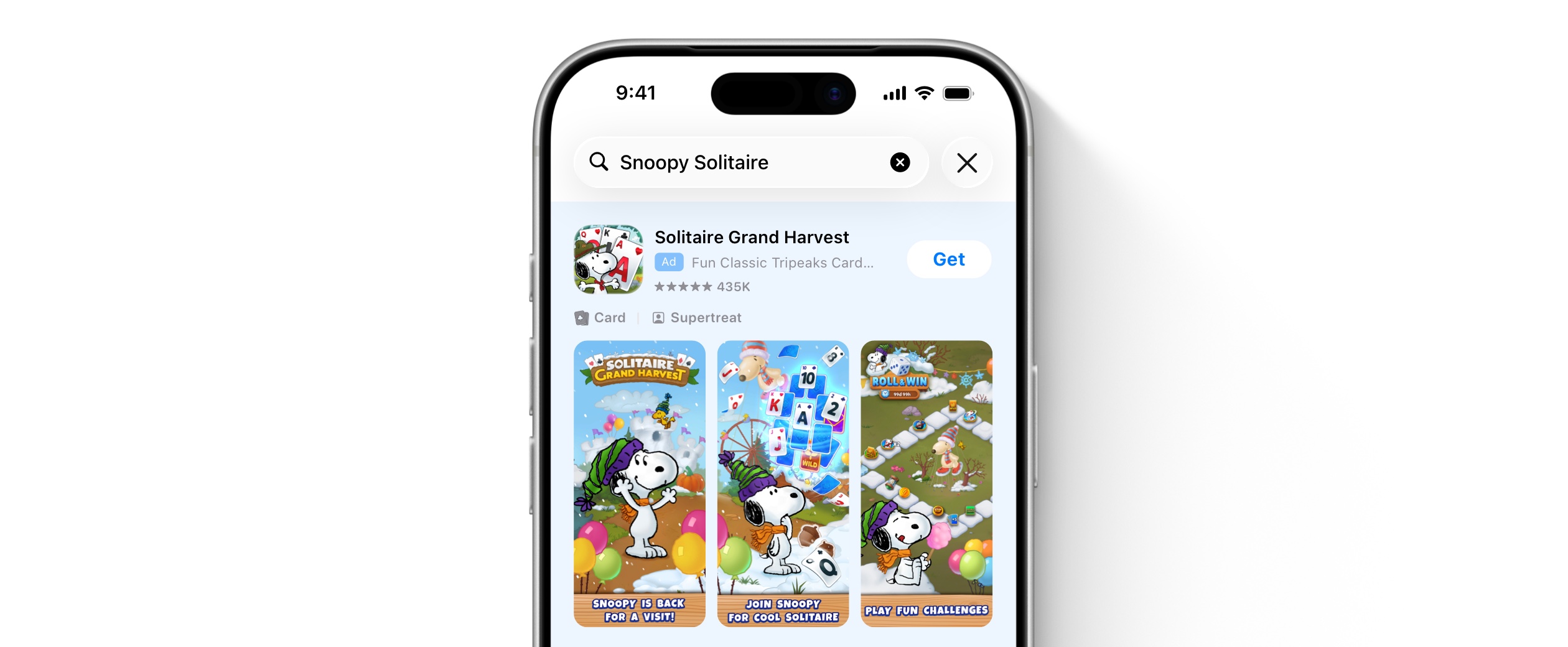  Solitaire Grand Harvest ad on the App Store, featuring Snoopy as a part of the game.