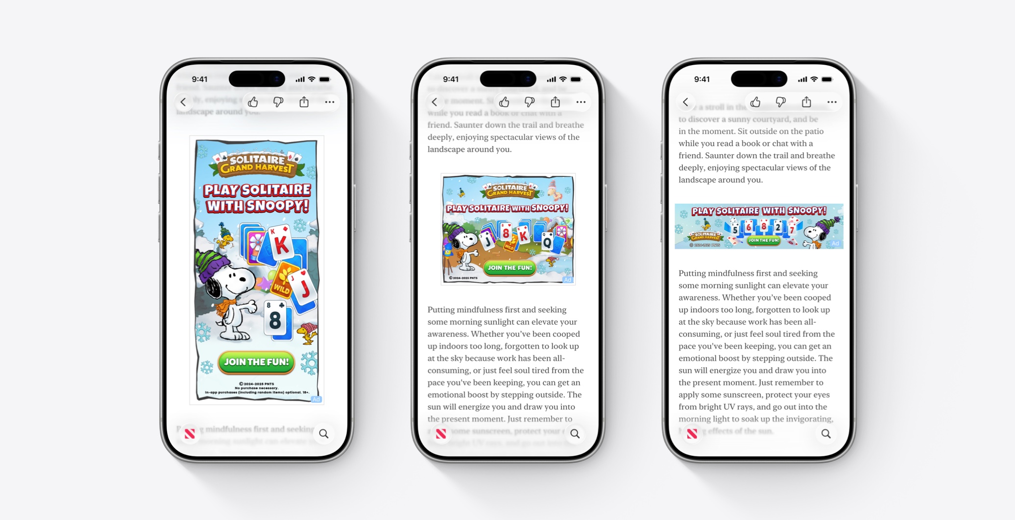 Three iPhones, side by side. Each features a different ad on Apple News, promoting Solitaire Grand Harvest and highlighting Snoopy as part of the game.