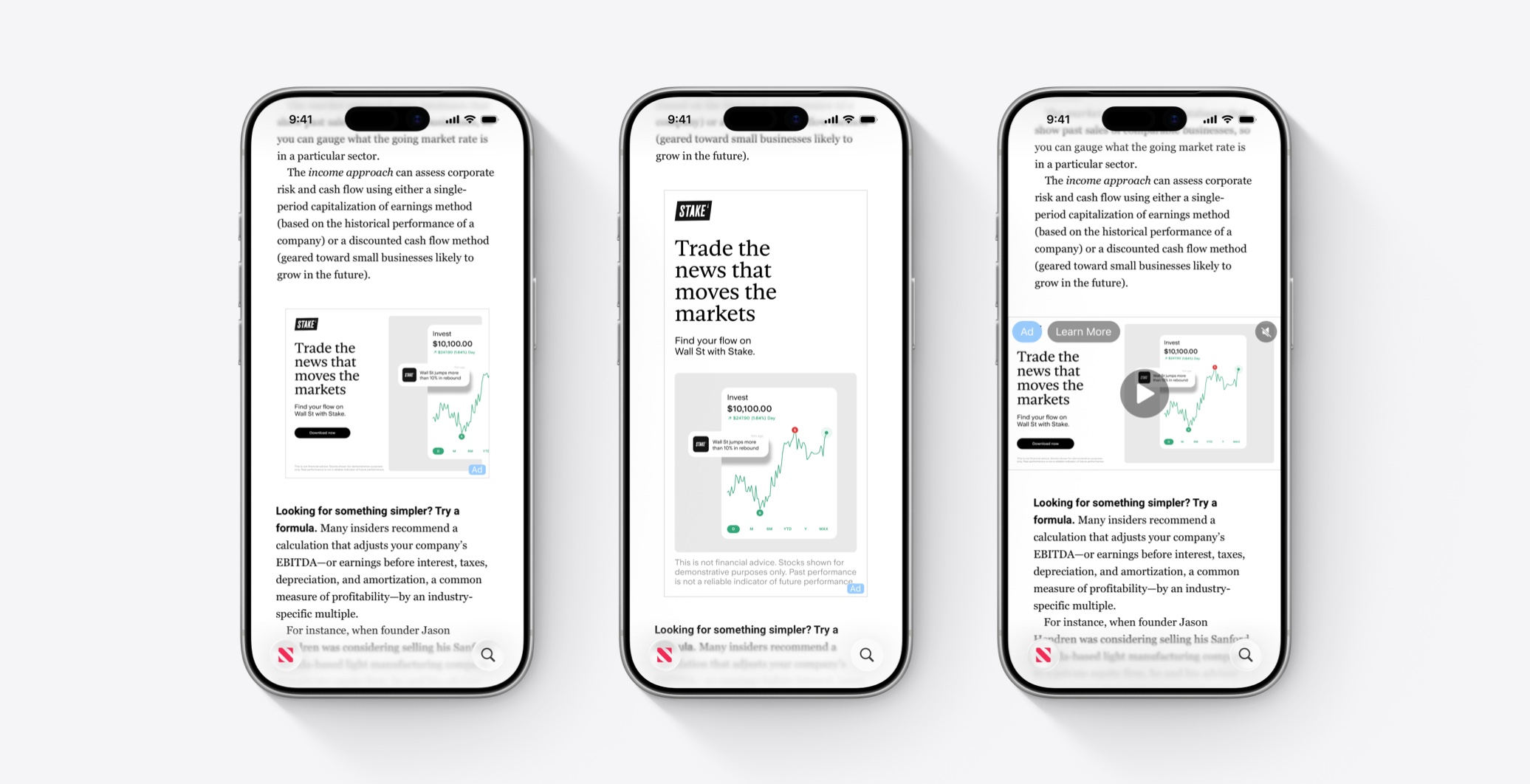 The first two iPhones show banner ads in business articles on Apple News. The third iPhone shows an ad that would play a 6-second animation.