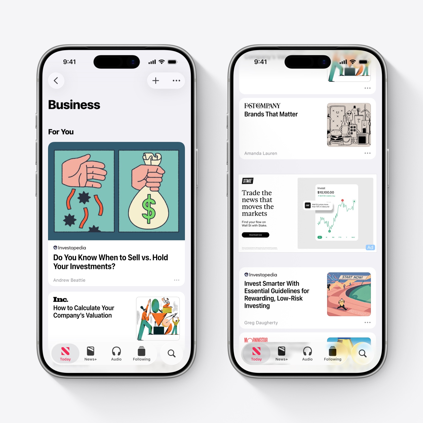 Two iPhones show a Business feed on Apple News, with headlines for 4 articles and one ad.