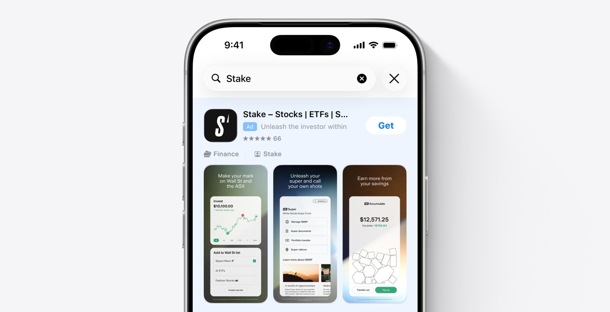 An iPhone shows a search results ad for the Stake app in the App Store. The ad features the Stake app icon, the search term Stake, and an ad variation with three product pages.