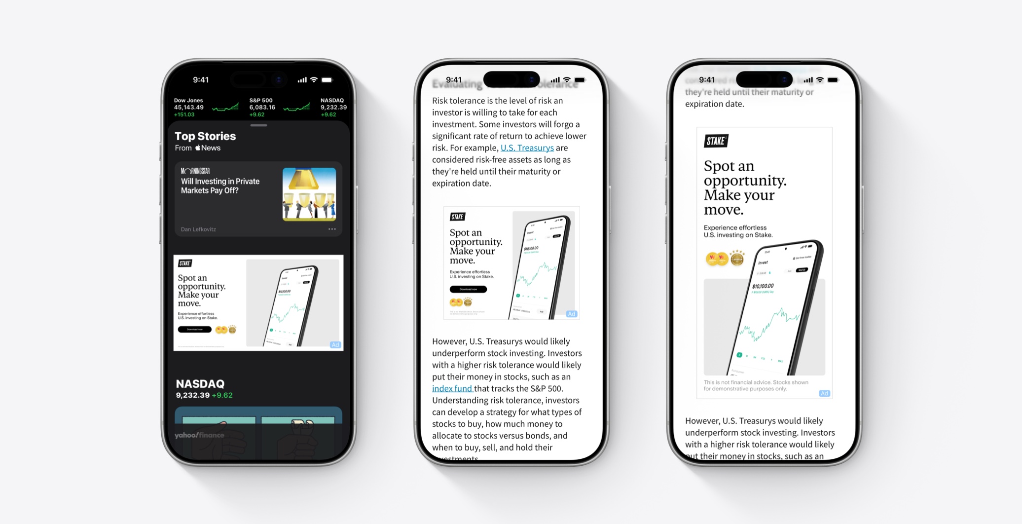 The first iPhone shows a large banner ad in the Stocks Business feed. The second and third iPhones show large banner ads that appear within business articles. 