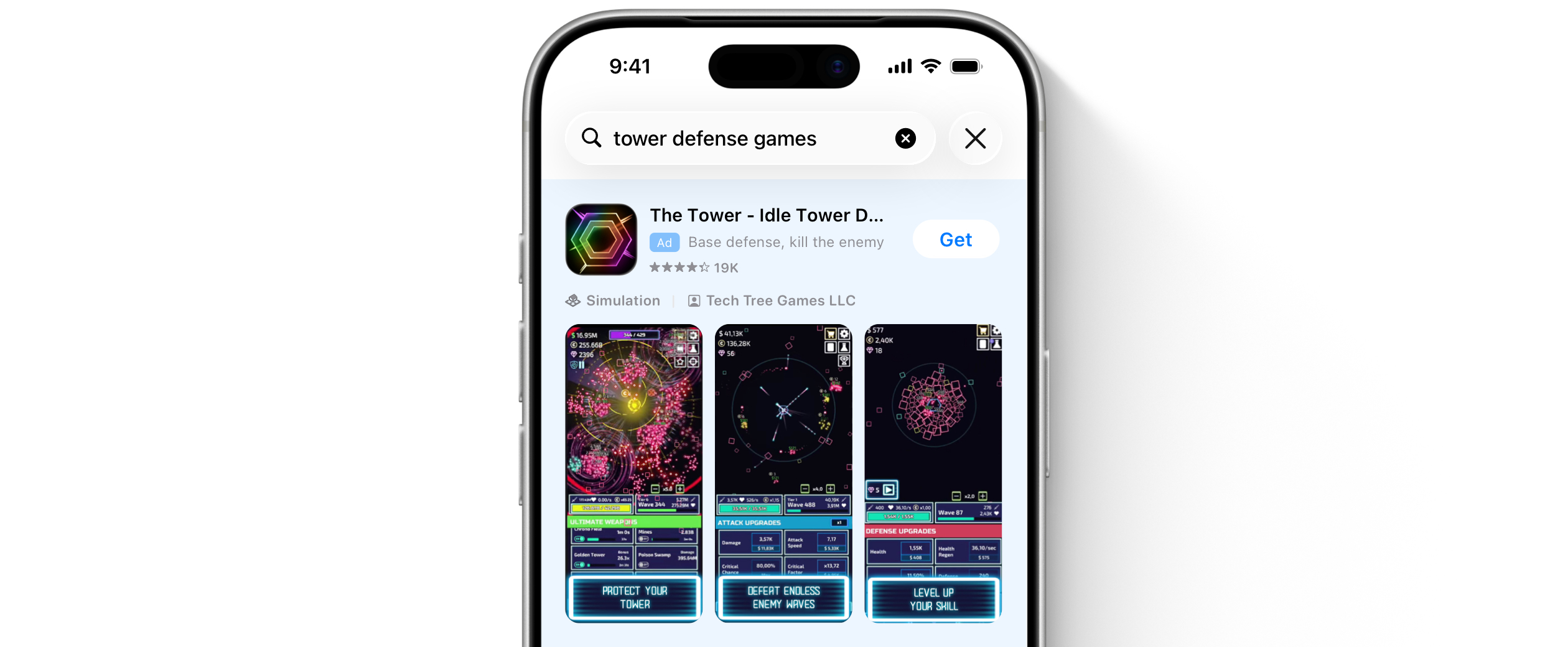 Un iPhone con el App Store abierto y un anuncio de la app The Tower en la parte superior de los resultados de búsqueda de las palabras clave juegos de defensa de torres. El anuncio muestra el nombre de la app, su icono y el subtítulo, que dice «Defiende la base, elimina al enemigo».