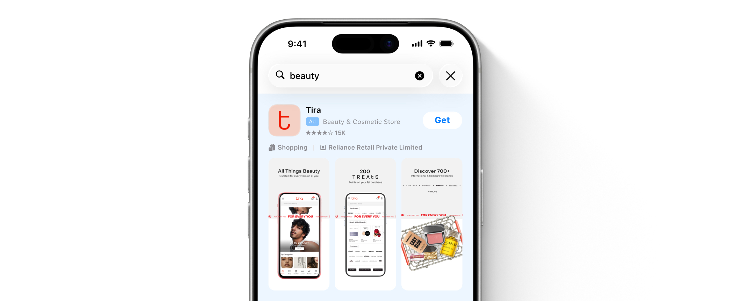 An iPhone with the App Store open and an ad for the Tira app at the top of search results for the keywords Tira. The ad shows the app name, app icon, and the subtitle which says “Beauty & Cosmetic Store.