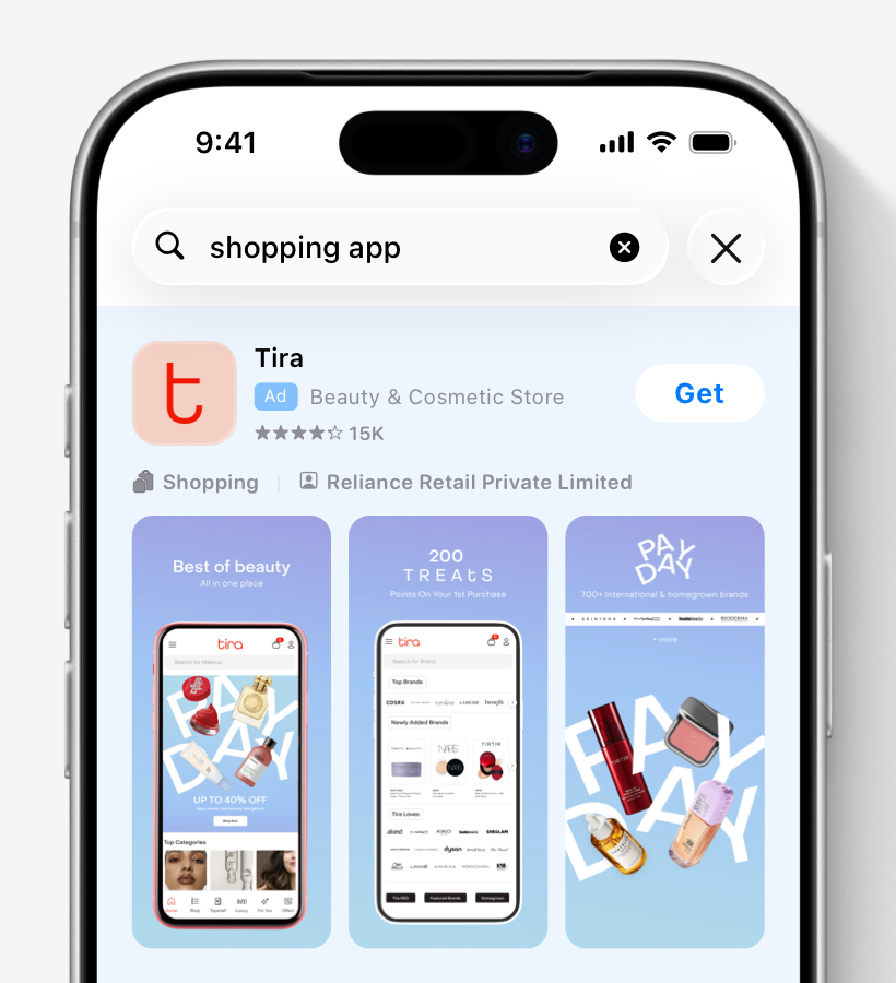 A Tira ad variation in App Store search results showcasing Pay Day discounts of up to 40% off, points benefit on first purchase, and variety of available brands.