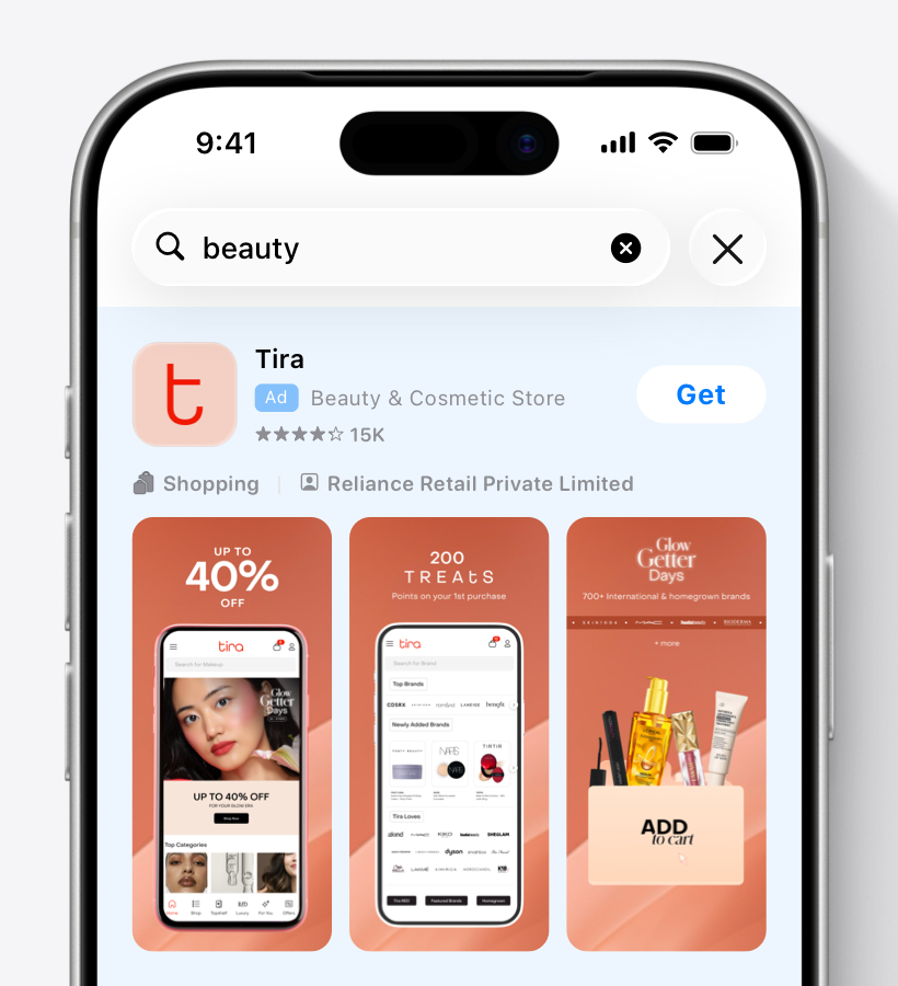 A Tira ad variation in App Store search results showcasing Glow Getter Days discounts of up to 40% off, points benefit on first purchase, and variety of available brands.