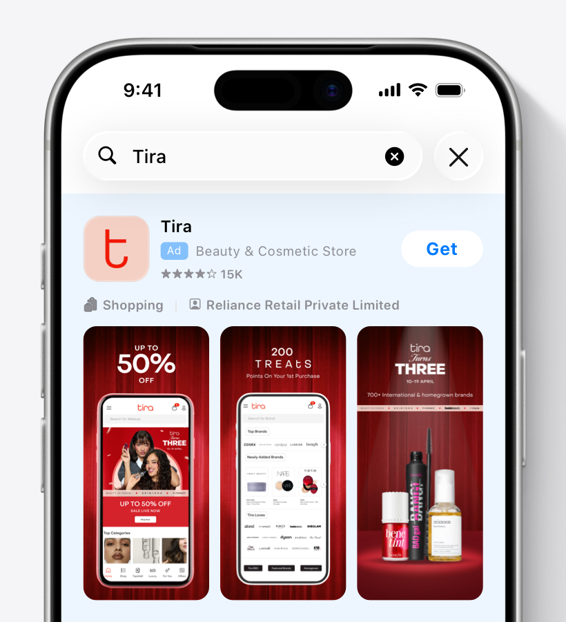 A Tira ad variation in App Store search results showcasing discounts of up to 50% off to celebrate Tira’s third birthday, points benefit on first purchase, and variety of available brands.