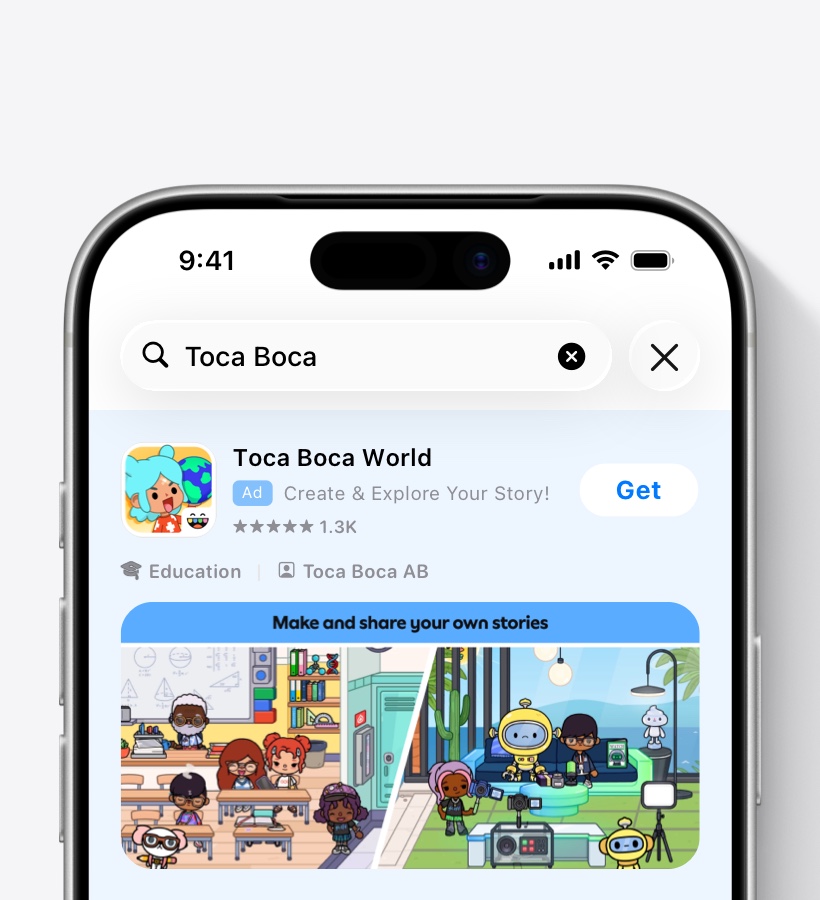 A Toca Boca World ad variation in App Store search results, with illustrated characters showcasing the ability to create your own stories in the game.