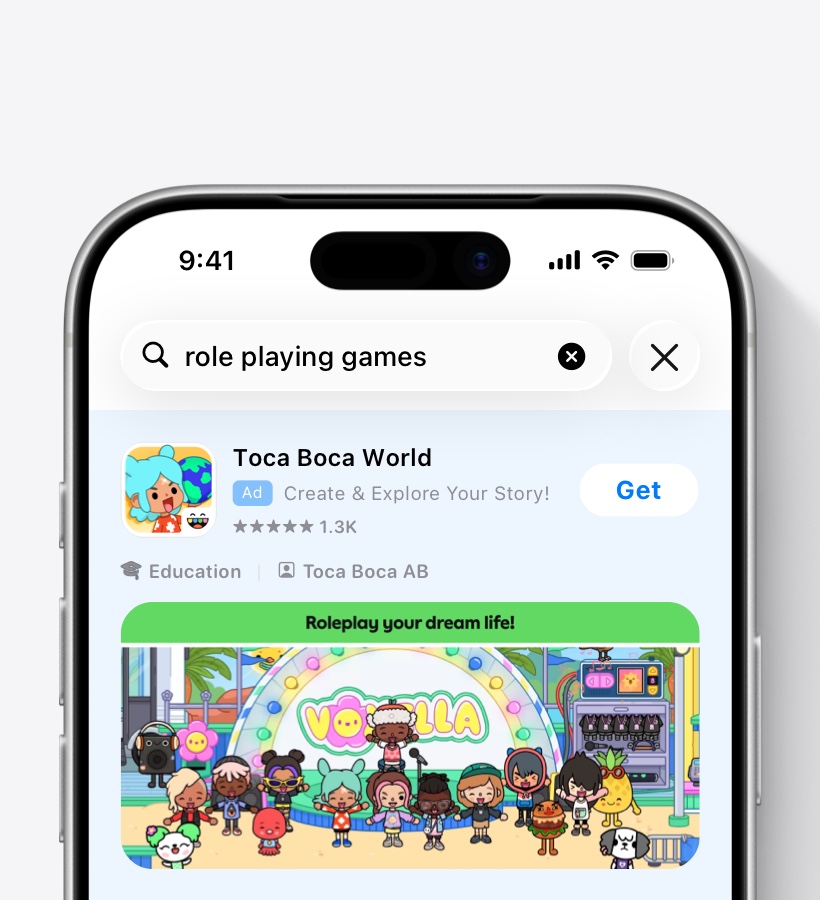 A Toca Boca World ad variation in App Store search results, with illustrated characters showcasing the ability to role play in the game.