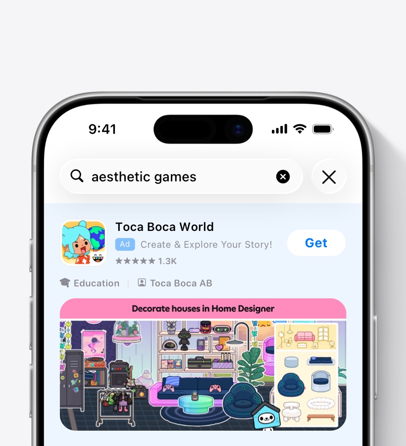 A Toca Boca World ad variation in App Store search results, will illustrated characters showcasing the ability to decorate houses in the game.