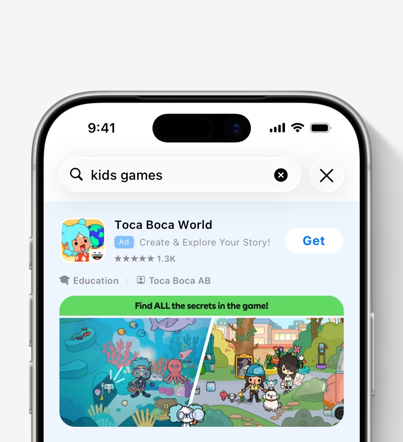 A Toca Boca World ad variation in App Store search results, will illustrated characters showcasing the ability to find secrets in the game.
