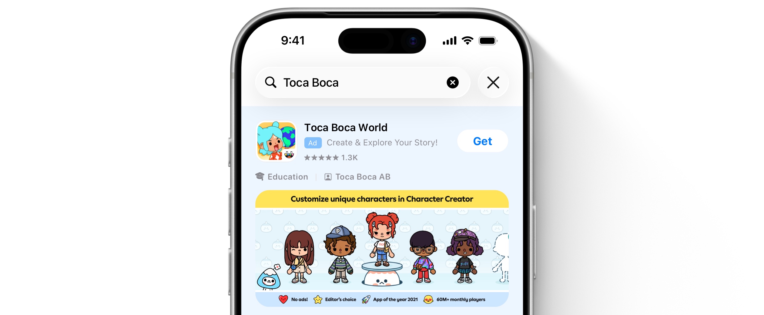  Toca Boca World ad on the App Store, featuring the ability to create custom illustrated characters.