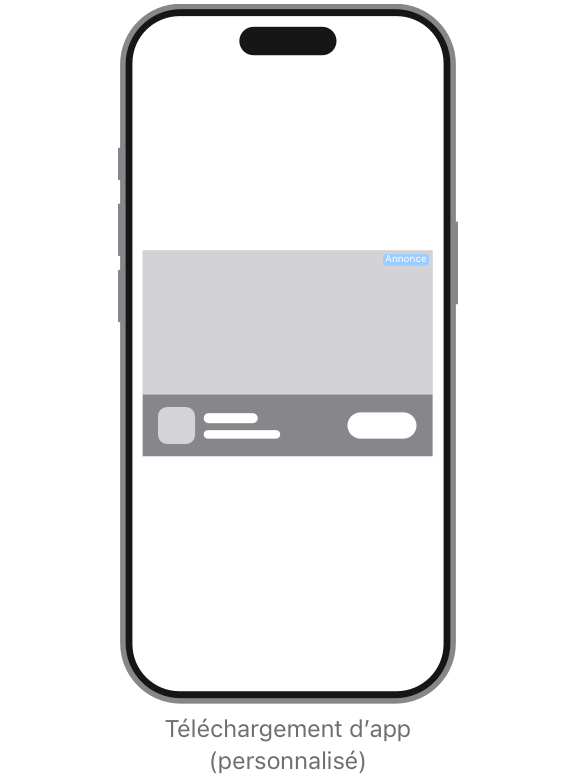 L’annonce apparaît au centre de la page, avec l’image principale en haut, le logo en bas à gauche et le CTA en bas à droite.