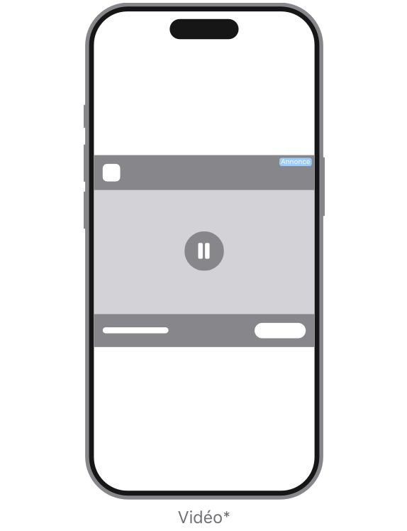 La vidéo apparaît au milieu de la page. Le logo est situé en haut à gauche de l’espace de l’annonce, le titre de la vidéo figure au bas de l’espace de l’annonce, et le choix de CTA figure dans l’angle inférieur droit de l’espace de l’annonce.