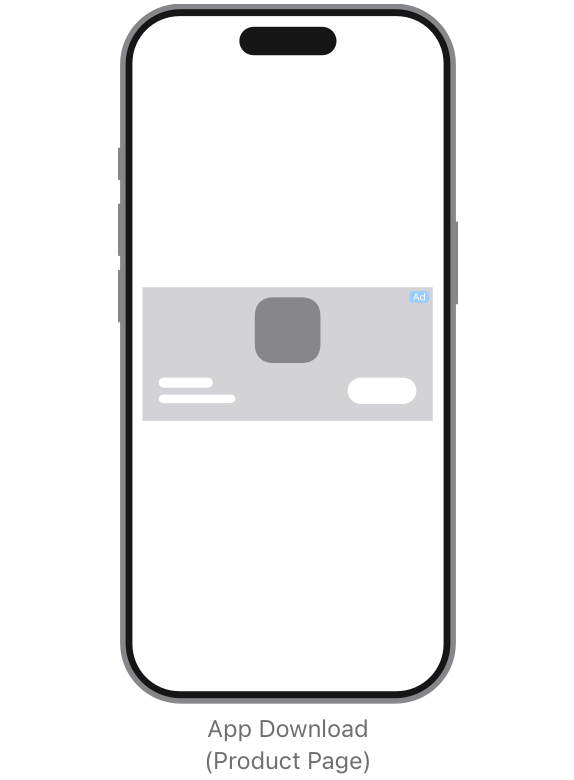 The ad appears in the middle of the page. The assets you entered in App Store Connect appear in the background of the ad, with your logo in the middle, brand name in the bottom left, and CTA in the bottom right.