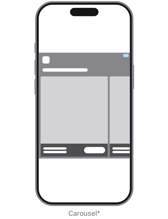 The ad appears in the middle of the page. The logo is on the top left of the ad space, the carousel title is beneath the logo, and the ad cards are beneath the carousel title. The card headline is at the bottom of the card. The choice of CTA is at the bottom of of the ad space.