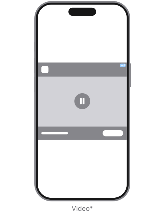 The video appears in the middle of the page. The logo is on the top left of the ad space, the video headline is at the bottom of the ad space, and the choice of CTA is in the bottom right corner of the ad space.