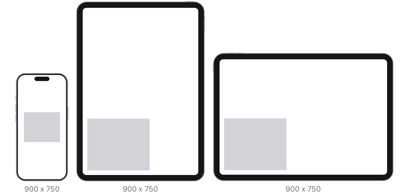 For iPhone, the portrait asset requirements are 900 x 750 pixels. The maximum file size is 500 KB. For iPad and Mac, the portrait and landscape asset requirements are 900 x 750 pixels. The maximum file size is 500 KB.