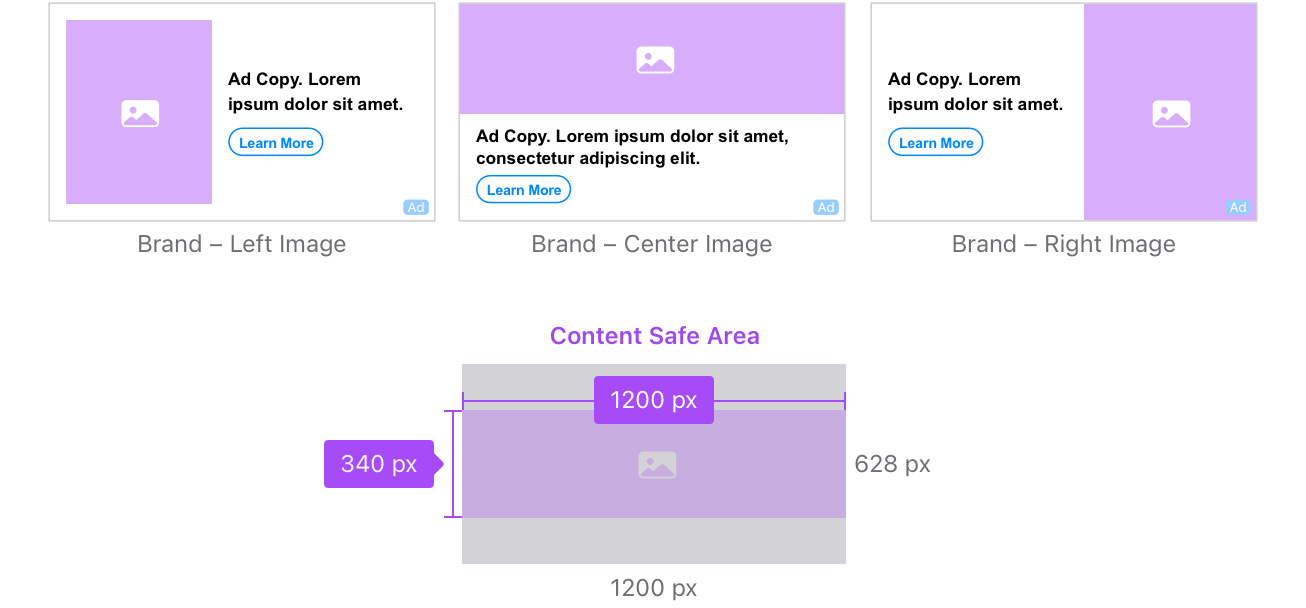 For brand-left images, the hero image is on the left, the ad copy is to the right of the image, and the CTA is beneath the ad copy. For brand-center images, the hero image is at the top, the ad copy is below the image, and the CTA is beneath the ad copy. The content safe area is 1200 x 340 pixels. For brand-right images, the hero image is on the right, the ad copy is to the left of the image, and the CTA is beneath the ad copy.