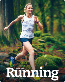 The cover of Canadian Running featuring an image of a woman trail running through a forest.