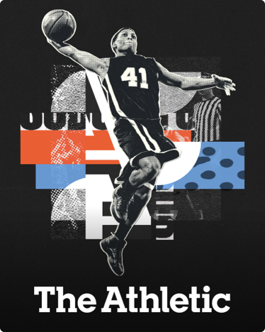 The cover of The Athletic featuring a black and white image of basketball player, Quincy Olivari.