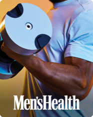 The cover of Men’s Health with a close-up image of a man’s arm as he does a bicep curl with a dumbbell. 