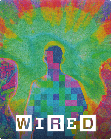 Обложка журнала Wired с силуэтом человека, стилизованным под квадратную графику и окруженным разноцветным эффектом тай-дай.