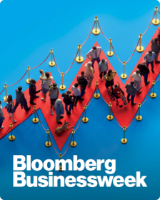 Обложка Bloomberg Businessweek с видом сверху на миниатюрных людей, стоящих в очереди на красной дорожке, которая зигзагообразно поднимается вверх, напоминая график роста.