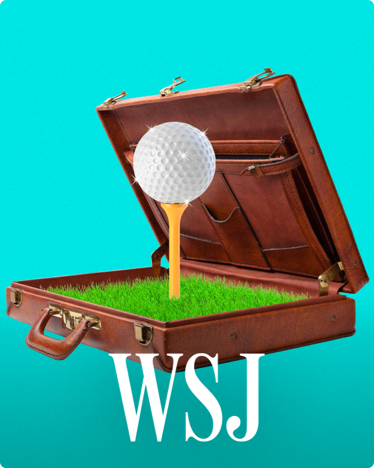 Обложка Wall Street Journal с изображением мяча для гольфа на подставке на зеленой траве внутри портфеля.