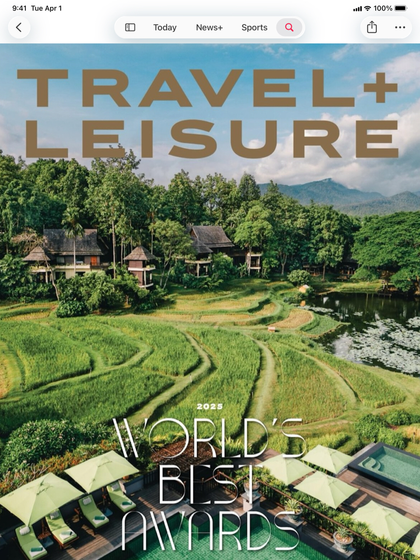 Обложка журнала Travel + Leisure с фотографией курорта Four Seasons Chiang Mai в рамках премии World’s Best Awards 2025 года. 
