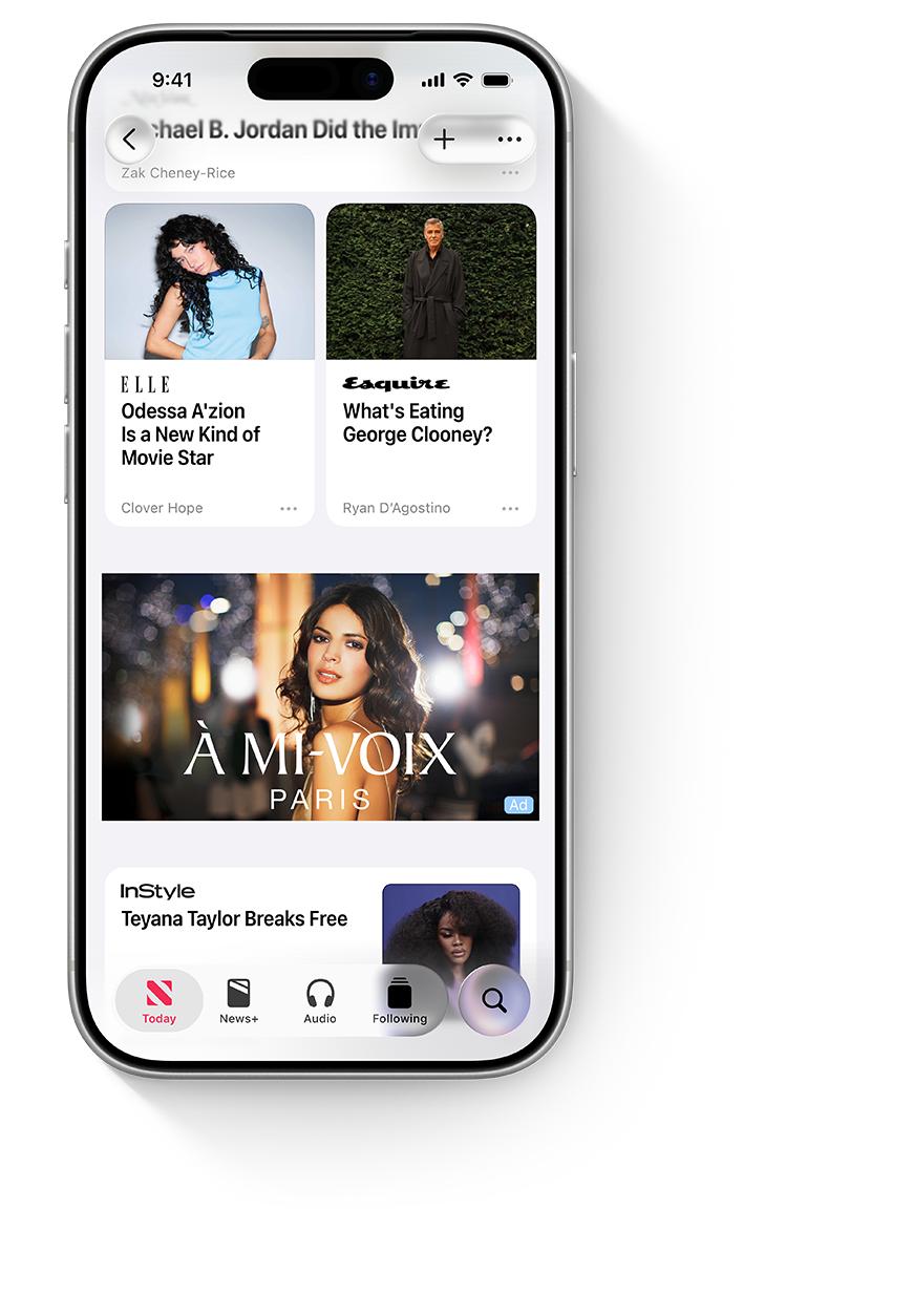 An iPhone with the Apple News app open, showing a sponsorship for Á Mi-Voix within an Awards Season feed.