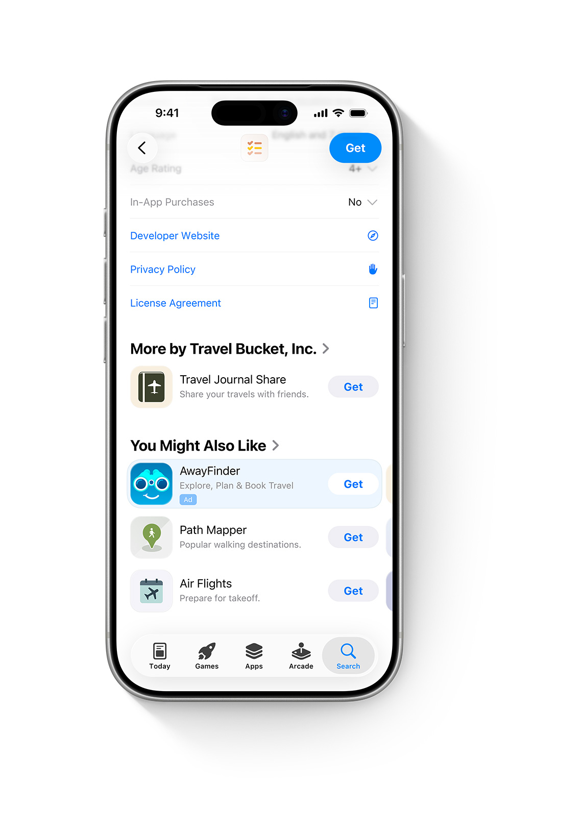 iPhone 屏幕上打开了 App Store。App Store 产品页面的底部展示了示例 app“AwayFinder”的广告，用户向下滚动页面时可以看到该广告。