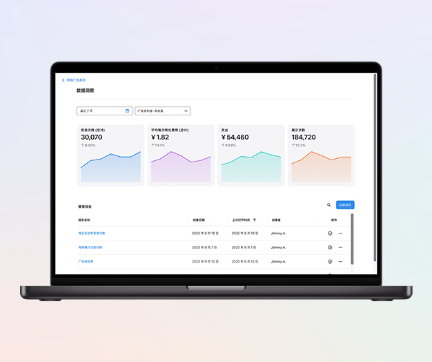 Apple Ads 中的“数据洞察”页面，显示了总安装次数、总计平均每次转化费用、支出和展示次数四个指标的图表快照。