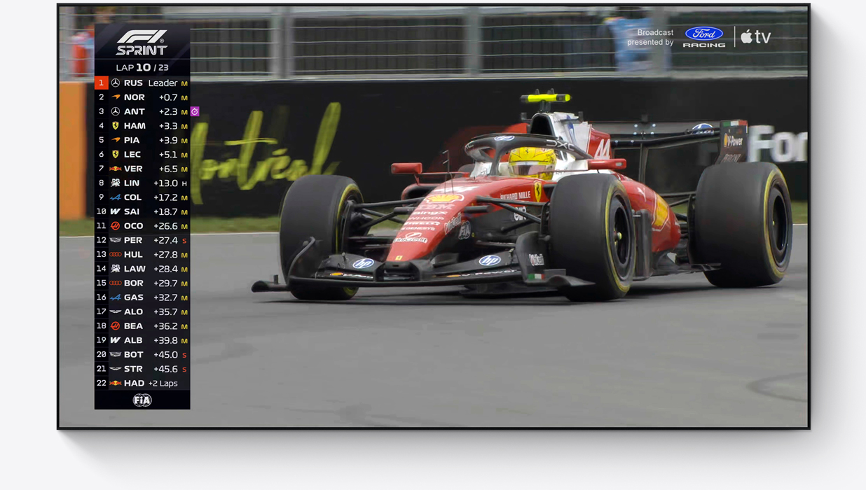 An F1 car on a racetrack with an advertiser sponsorship in the upper right corner of the screen.