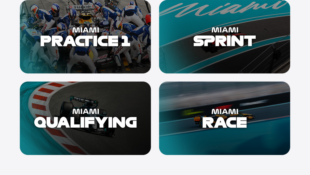 Four tiles titled "Miami Practice 1," "Miami Sprint," "Miami Qualifying," and "Miami Race" show different possible events in which your ad can be placed.