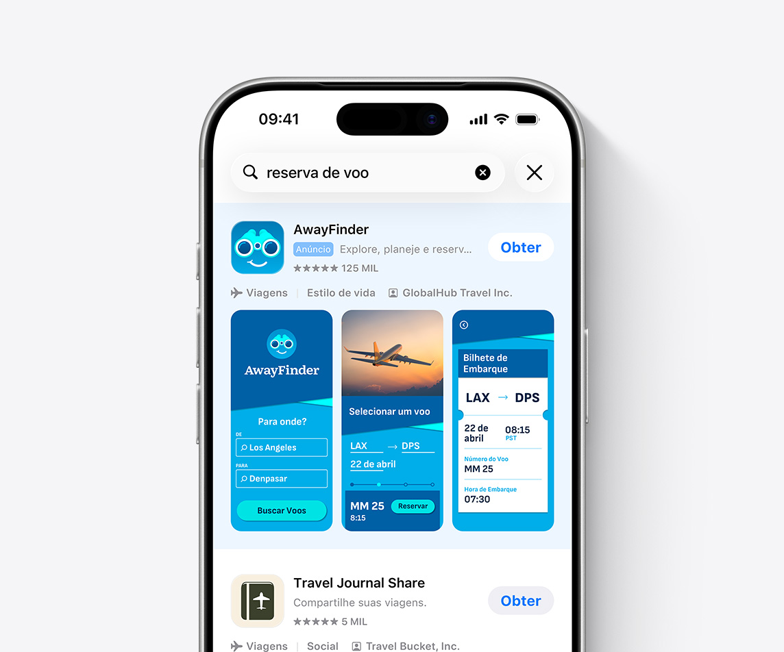 iPhone com a App Store aberta. O termo “reserva de voo” está inserido na caixa de busca, e um anúncio do app de exemplo, AwayFinder, aparece no topo dos resultados de busca.