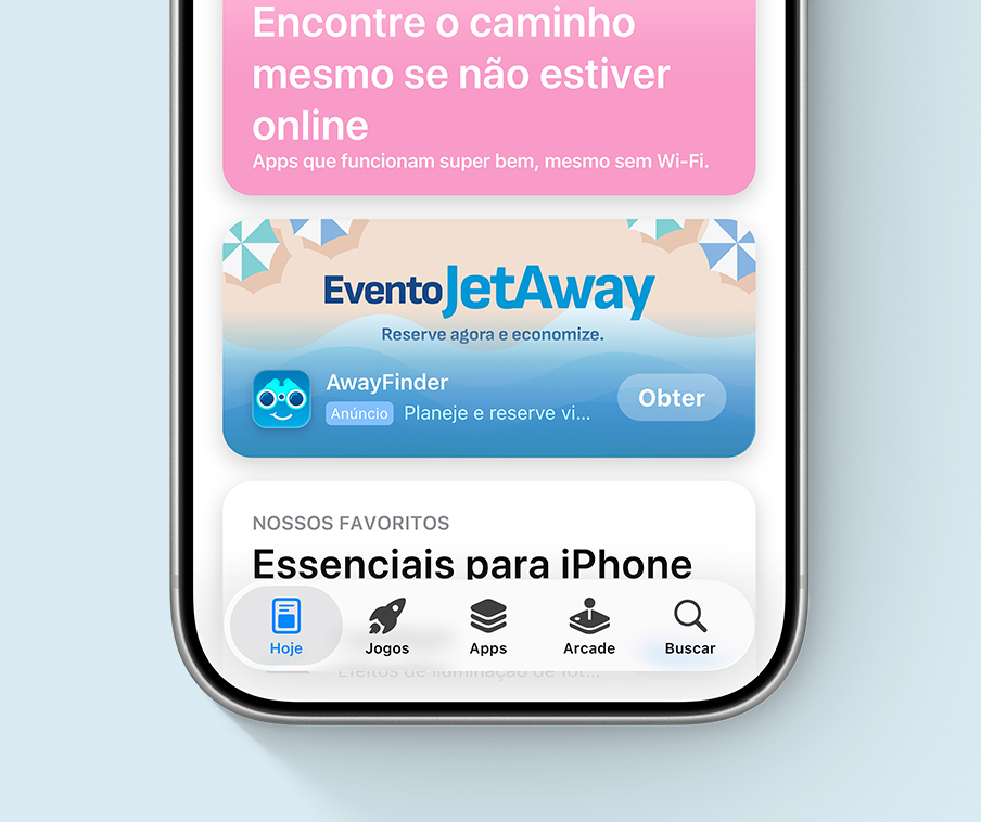Um anúncio na aba Hoje do app de exemplo AwayFinder apresenta recursos criativos com uma ilustração de uma cena de praia e uma oferta especial chamada Evento JetAway.