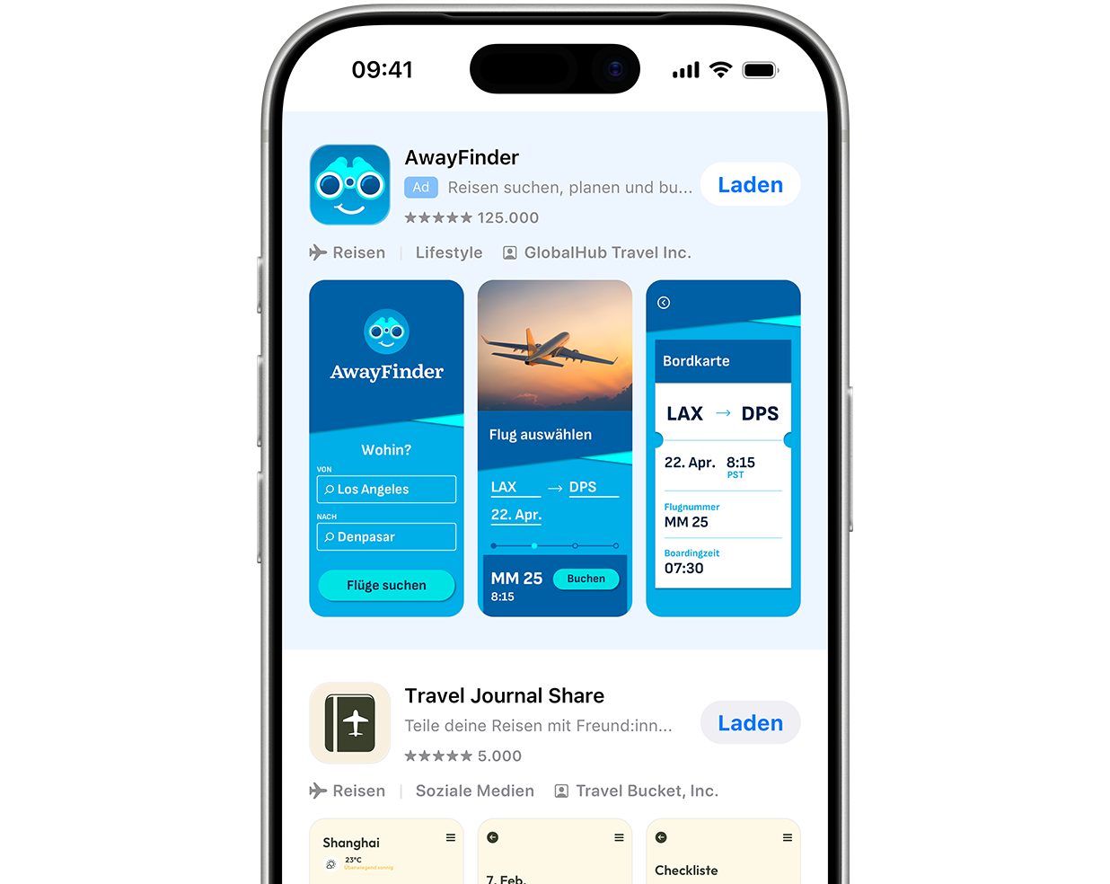 Ein iPhone, das im App Store geöffnet ist. Im Suchfeld ist der Suchbegriff „Flug buchen“ eingegeben und oben in den Suchergebnissen wird eine Anzeige für die Beispiel-Reise-App „AwayFinder“ eingeblendet.