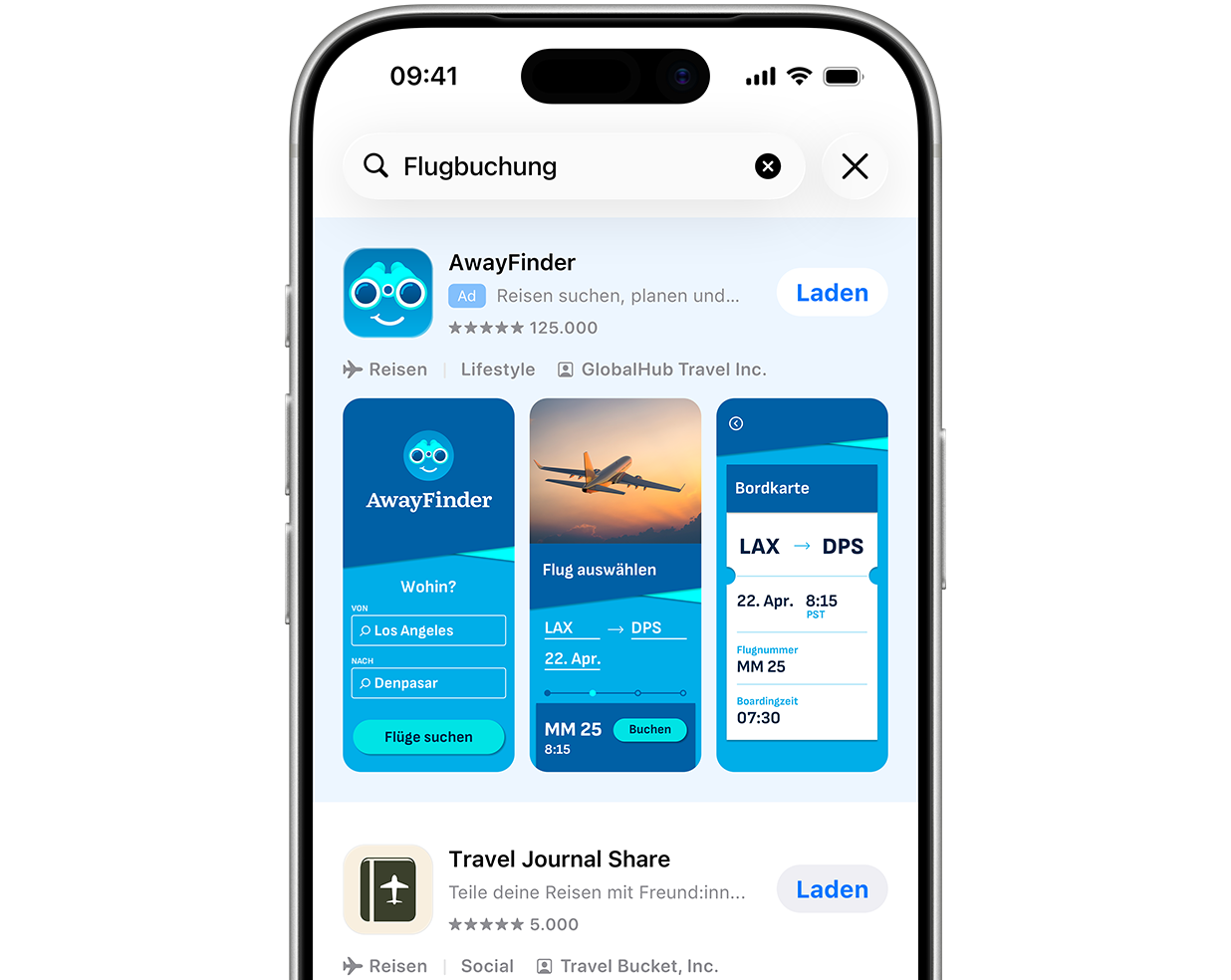Ein iPhone, das im App Store geöffnet ist. Im Suchfeld ist der Suchbegriff „Flug buchen“ eingegeben und oben in den Suchergebnissen wird eine Anzeige für die Beispiel-Reise-App „AwayFinder“ eingeblendet.