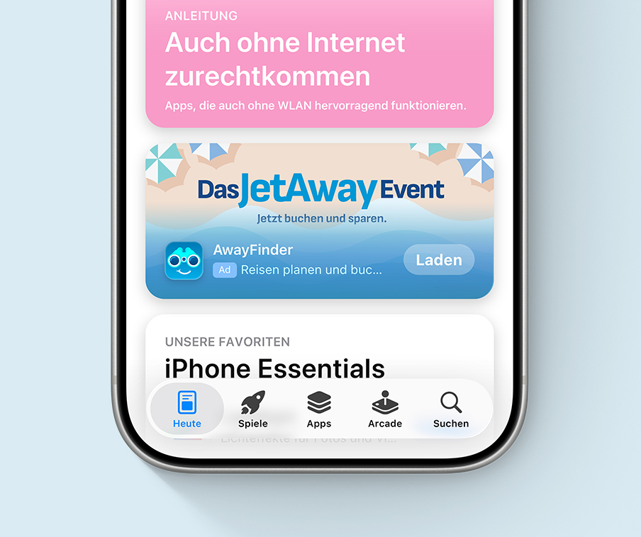 Eine Anzeige im Tab „Heute“ für die Beispiel-App AwayFinder, die kreative Assets mit einer illustrierten Strandszene und einer Sonderaktion namens JetAway Event nutzt.
