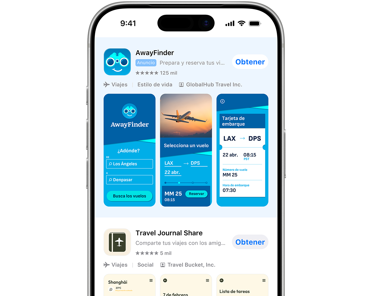 Un iPhone con el App Store abierto. El término de búsqueda «reservas de vuelos» se ha escrito en el cuadro de búsqueda y aparece un anuncio de la app de ejemplo, AwayFinder, en la parte superior de los resultados de búsqueda.