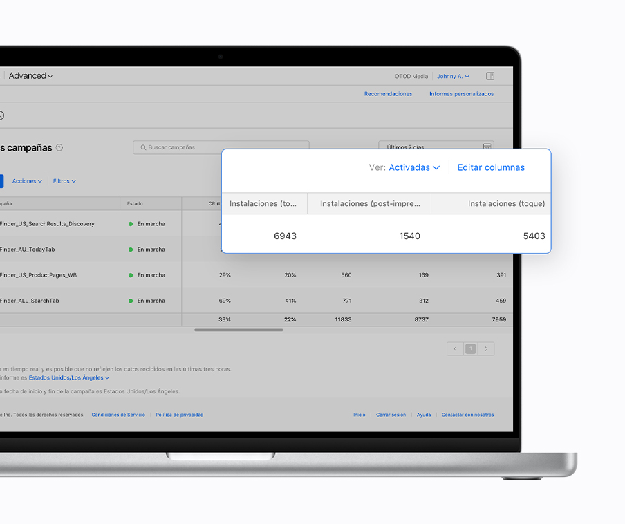 El panel Campañas de Apple Ads Advanced con las nuevas columnas de indicadores Instalaciones (post-impresión), Instalaciones (toque) e Instalaciones (total) ampliadas.