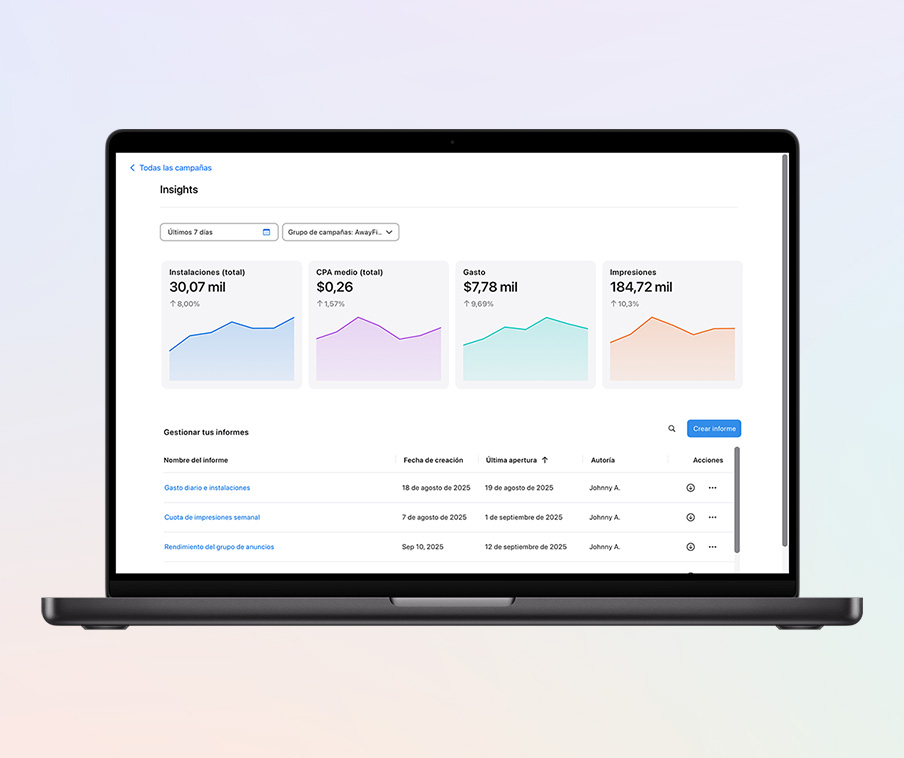 La página Insights de Apple Ads muestra cuatro instantáneas gráficas de los indicadores de las instalaciones totales, el coste por adquisición (CPA) medio total, el gasto y las impresiones.