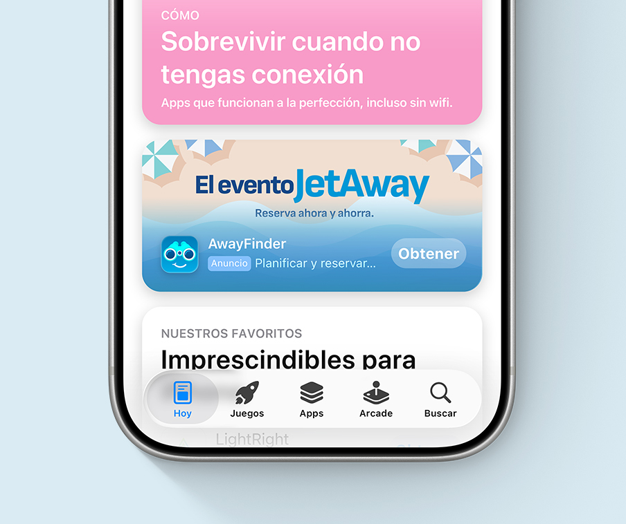 Anuncio en la pestaña Hoy de AwayFinder, una app de ejemplo, con materiales creativos que incluyen una ilustración de una playa y una promoción especial: el JetAway Event.