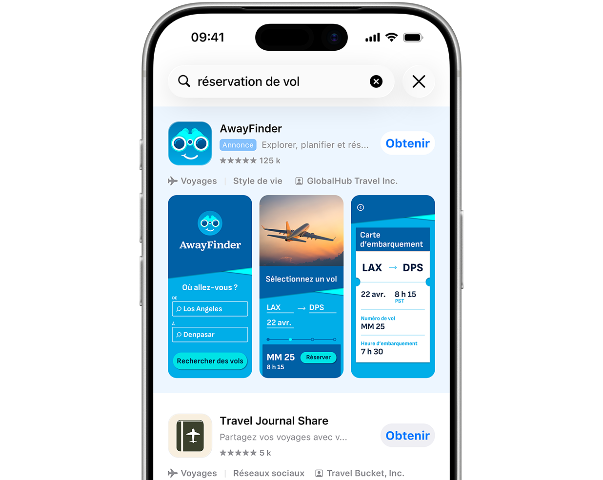 Un iPhone ouvert sur l’App Store. Les termes recherchés « réservation de vol » sont saisis dans le champ de recherche et une annonce de l’app fictive AwayFinder apparaît en haut des résultats de recherche.
