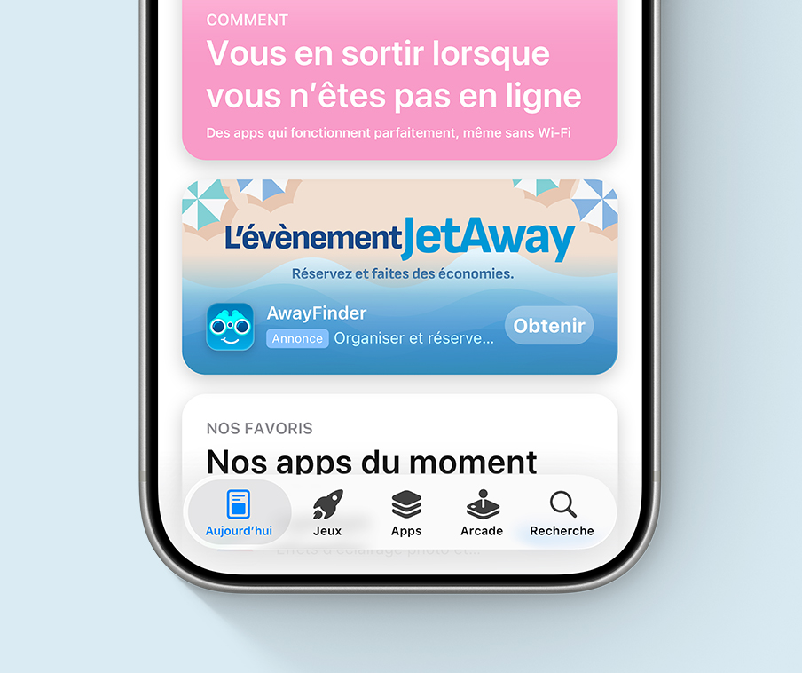 Une annonce dans l’onglet Aujourd’hui pour l’app fictive AwayFinder utilise des éléments créatifs mettant en scène une plage illustrée et une promotion spéciale intitulée JetAway Event.