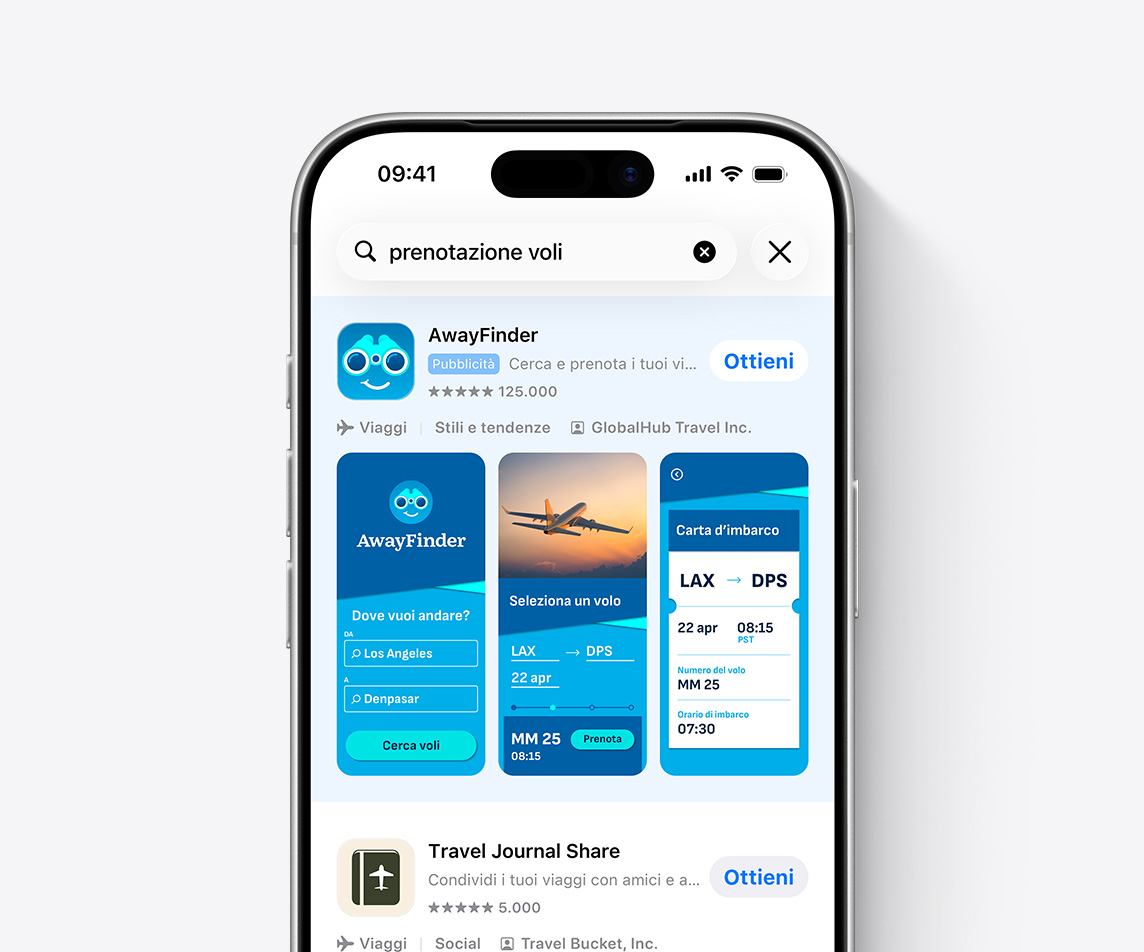 Un iPhone con l’App Store aperto. Il termine di ricerca “prenotazione voli” è inserito nella casella di ricerca e in cima ai risultati di ricerca è visualizzato un annuncio per l’app di viaggi di esempio, AwayFinder.
